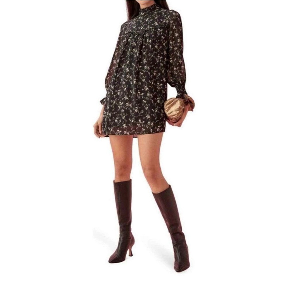 Reformation Jourdan Dress Babydoll Black Mini Floral Ling Sleeves Ruffle Size XS